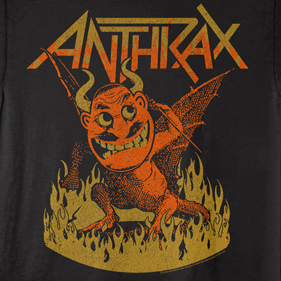 Black t-shirt with orange graphic design featuring a demon-like creature and 'Anthrax' text on a black background.