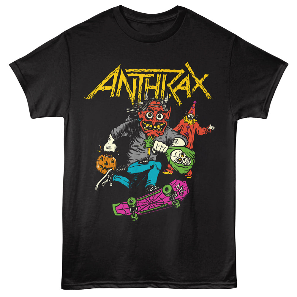 Black t-shirt with Anthrax graphic design featuring a character on a skateboard.