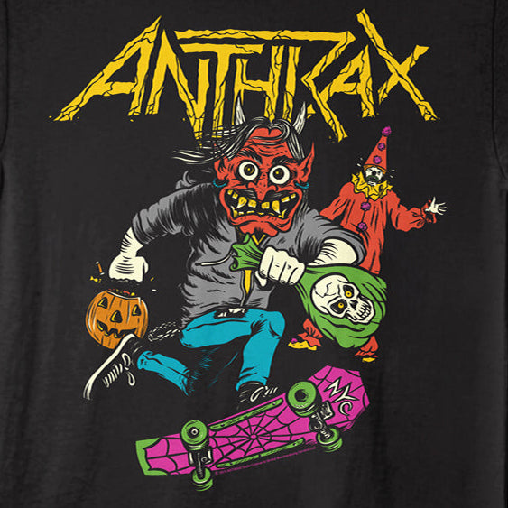 Black t-shirt with Anthrax graphic design featuring a character on a skateboard.
