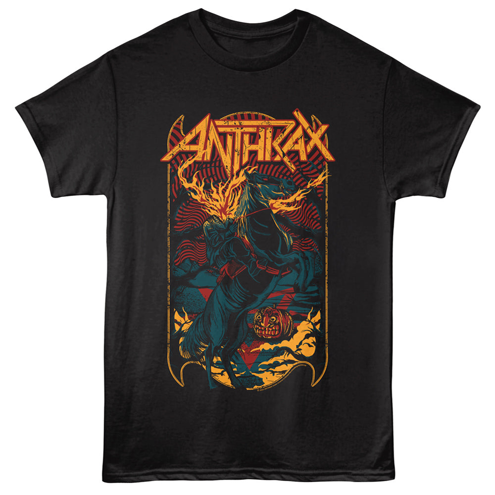 Black t-shirt with colorful graphic design and 'Anthrax' text on a black background