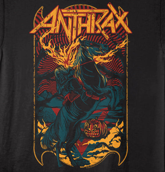 Black t-shirt with colorful graphic design and 'Anthrax' text on a black background
