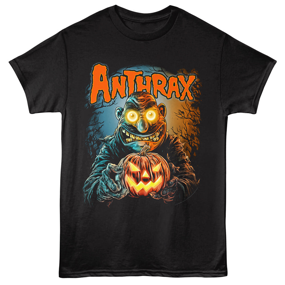 Black t-shirt with a graphic design of a character holding a pumpkin and the word 'Anthrax' on a black background.