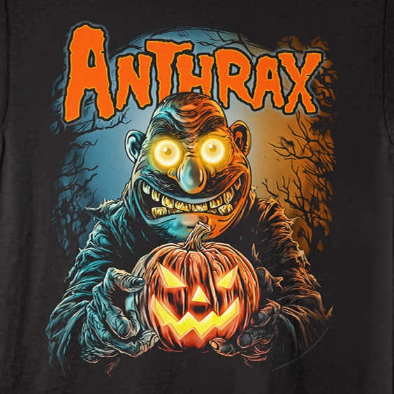 Black t-shirt with a graphic design of a character holding a pumpkin and the word 'Anthrax' on a black background.