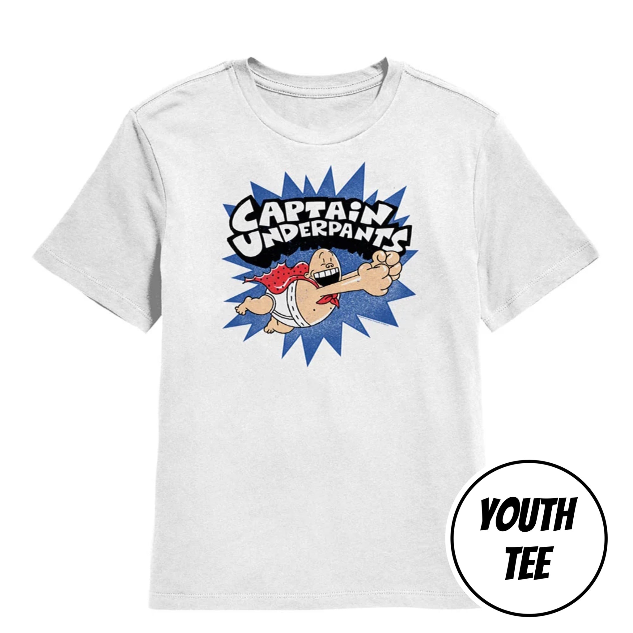 A youth white short-sleeve t-shirt featuring a Captain Underpants comic graphic on the chest, with a 'YOUTH TEE' label overlay in the bottom right corner.