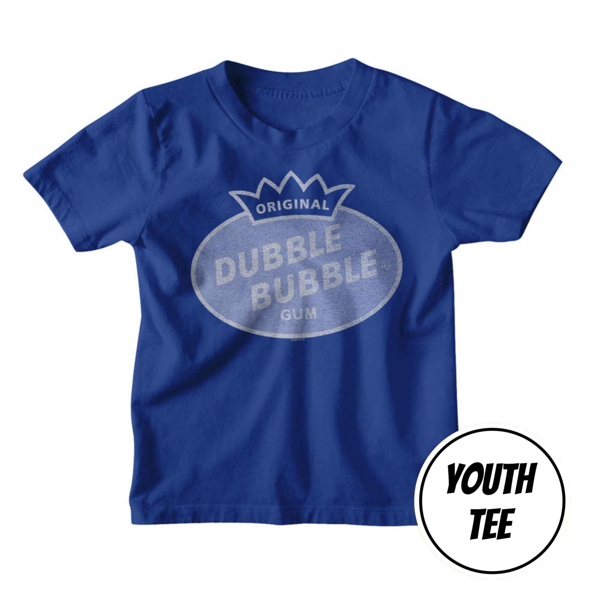 A royal blue youth short-sleeve t-shirt featuring a distressed white graphic of the 'Original Dubble Bubble Gum' logo on the chest. A circular badge in the bottom right corner reads 'YOUTH TEE'.