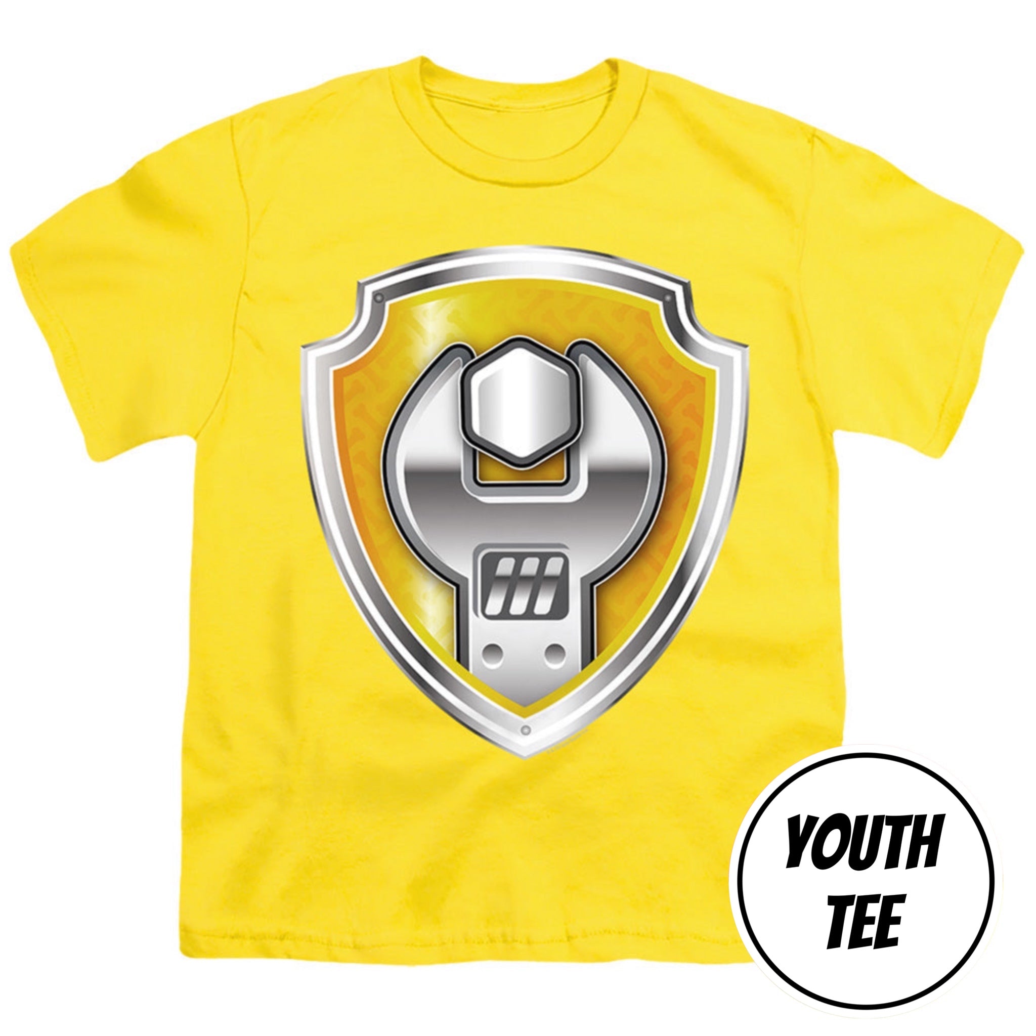 A bright yellow youth short-sleeve t-shirt featuring a large shield graphic on the front with a metallic wrench and shield design. A circular badge in the bottom right corner reads 'YOUTH TEE'.