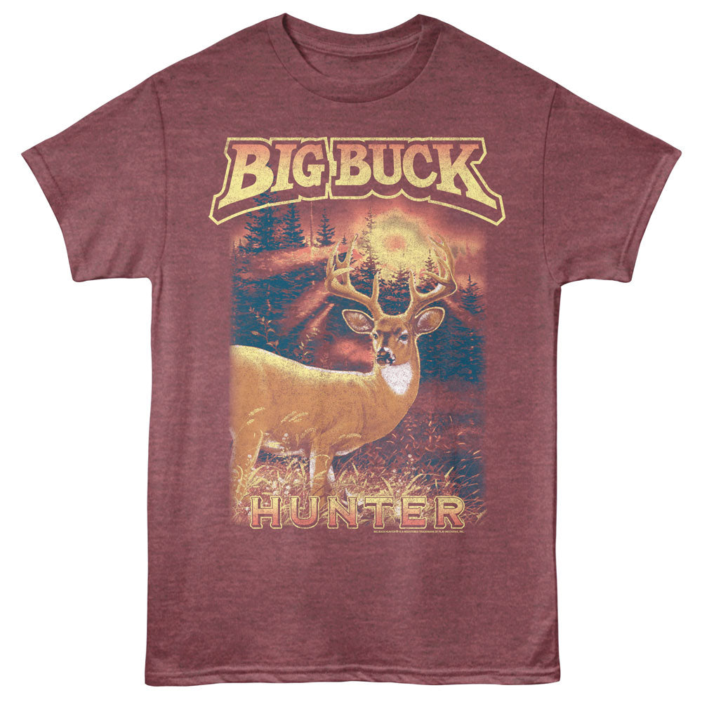 Maroon t-shirt with a deer graphic and 'Big Buck Hunter' text on a white background