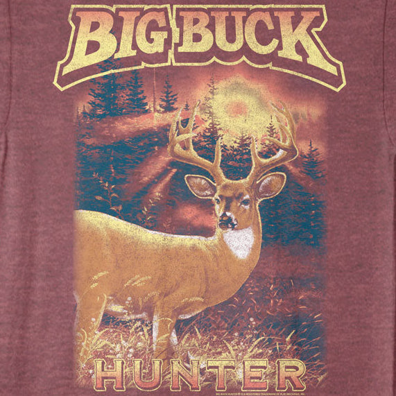 Maroon t-shirt with a deer graphic and 'Big Buck Hunter' text on a white background