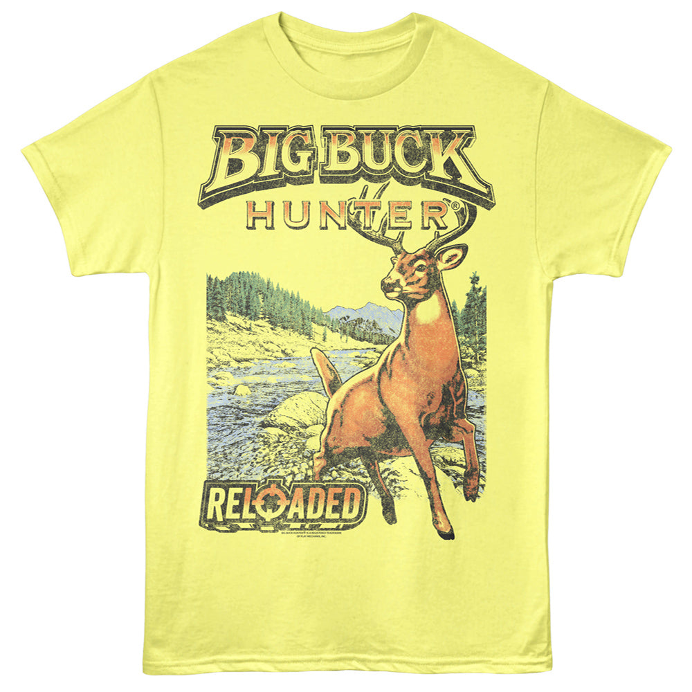 Yellow t-shirt with a deer graphic and 'Big Buck Hunter Reloaded' text on a yellow background