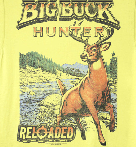 Yellow t-shirt with a deer graphic and 'Big Buck Hunter Reloaded' text on a yellow background