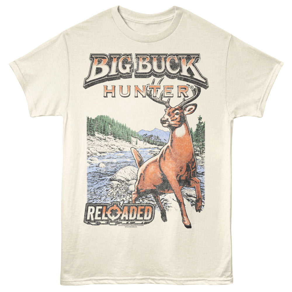 T-shirt with a deer graphic and 'Big Buck Hunter Reloaded' text on a beige background