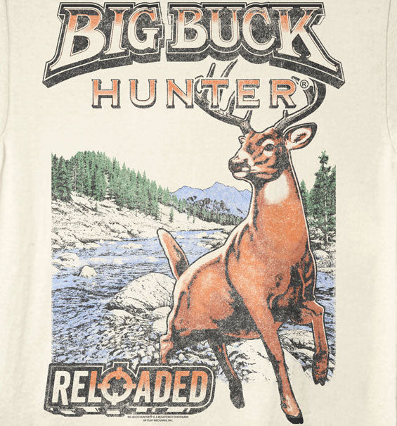 T-shirt with a deer graphic and 'Big Buck Hunter Reloaded' text on a beige background
