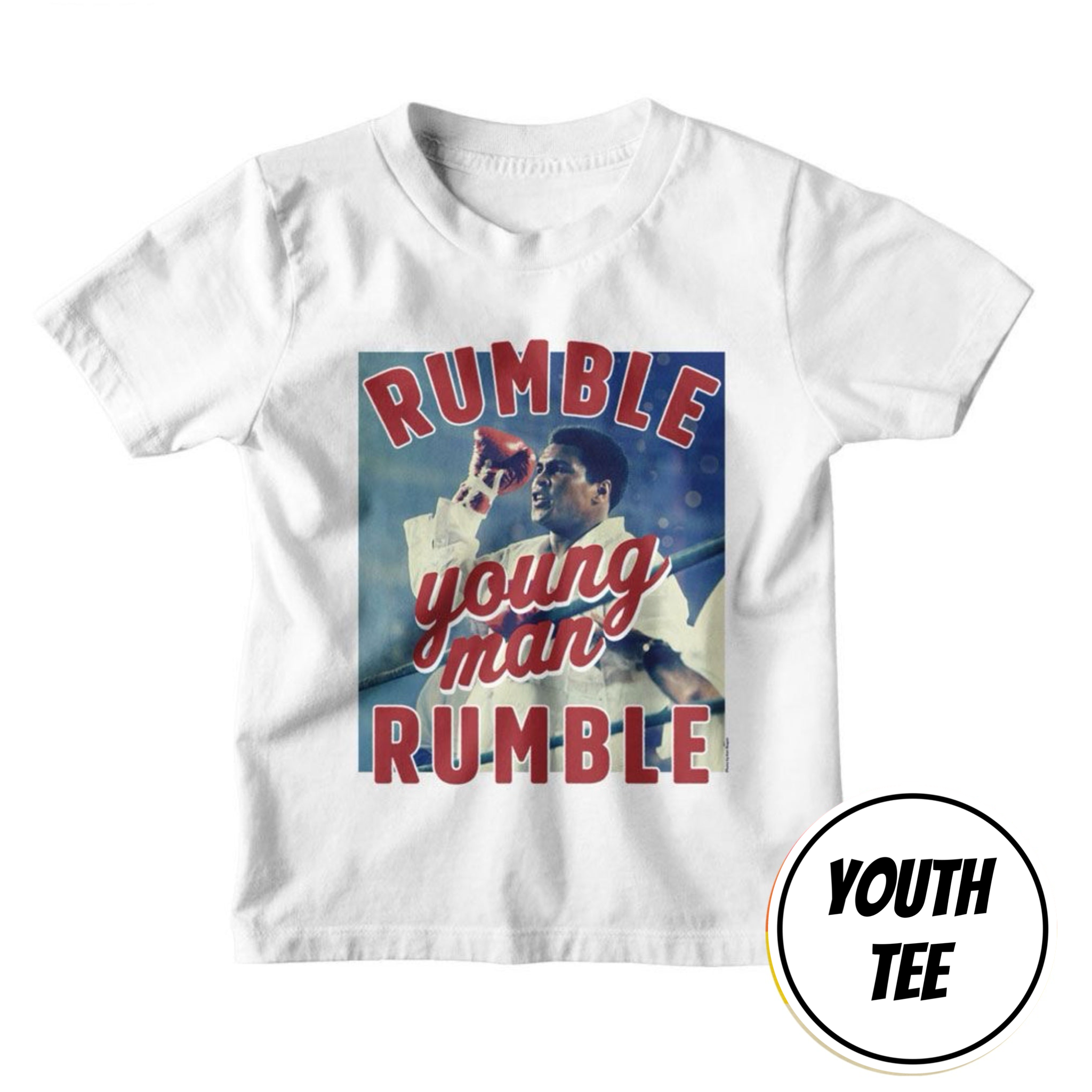 A white youth t-shirt featuring a graphic print of a boxer wearing sunglasses with the text 'RUMBLE young man RUMBLE' in red and blue. A circular badge in the bottom right corner reads 'YOUTH TEE'.
