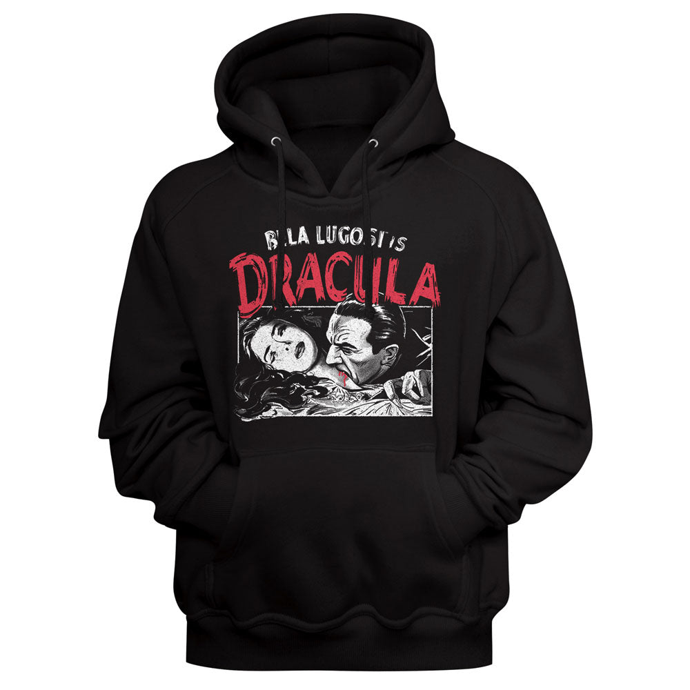 A black pullover hoodie featuring a graphic print of Dracula's laundry advertisement on the front, with red and white text and an illustration of two characters.