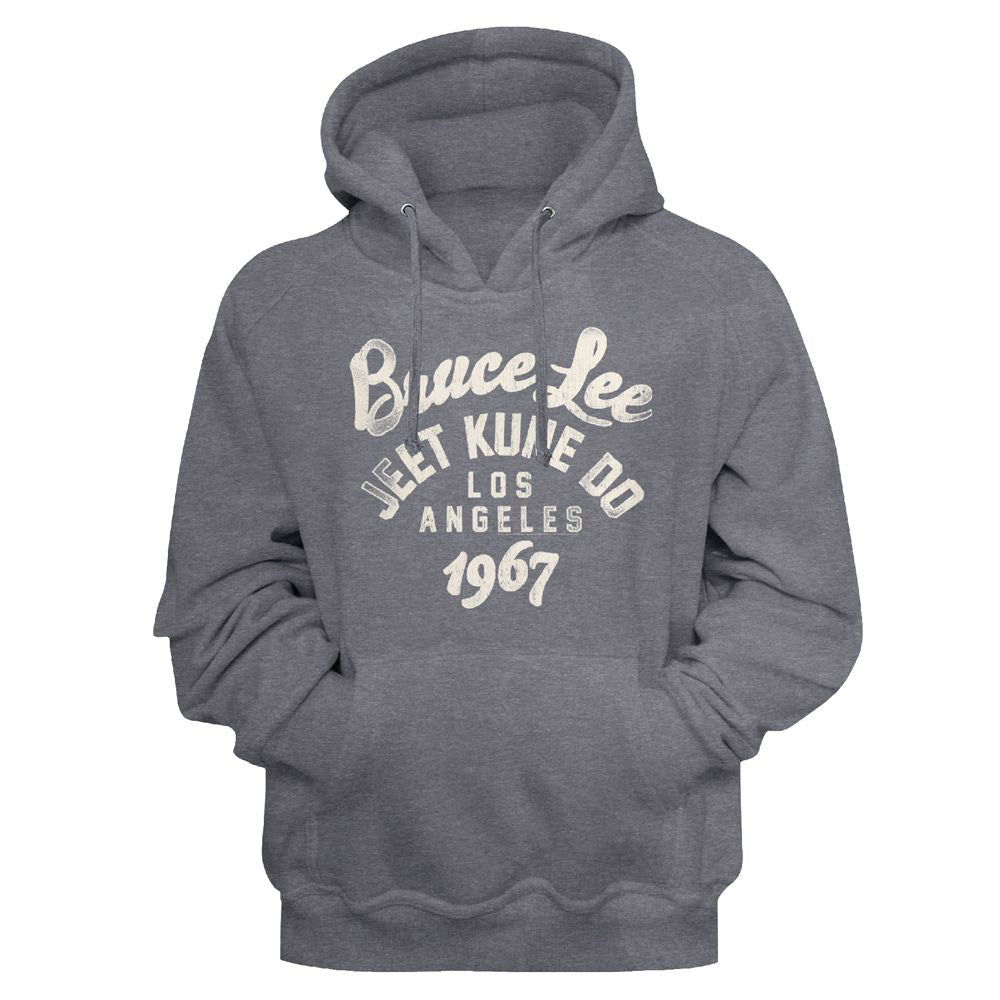 Gray hoodie with 'Bruce Lee Jeet Kune Do Los Angeles 1967' text on a gray background