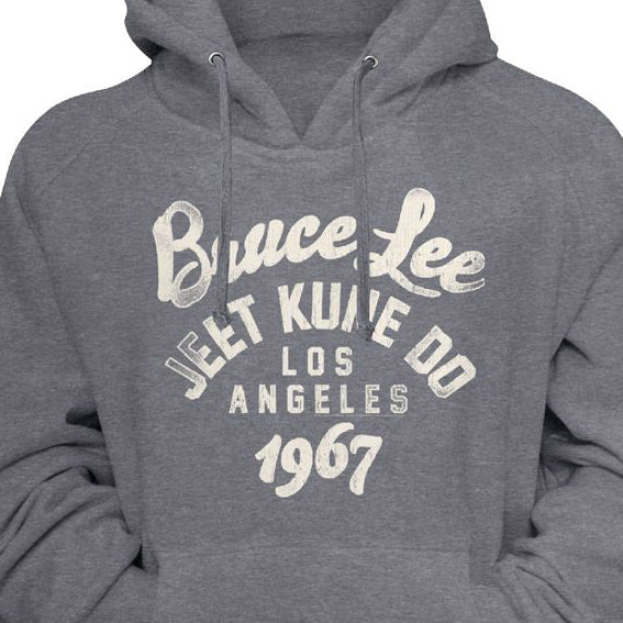 Gray hoodie with 'Bruce Lee Jeet Kune Do Los Angeles 1967' text on a gray background