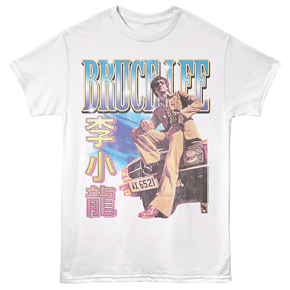 A white short-sleeve crewneck t-shirt featuring a large graphic print of Bruce Lee sitting on a car, with 'BRUCE LEE' in stylized blue and yellow lettering and Chinese characters printed vertically in pink.