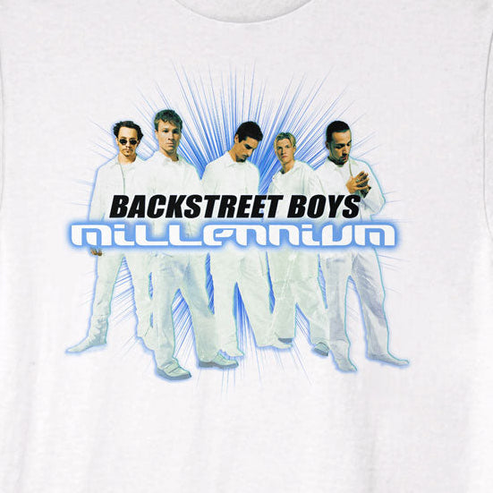 White t-shirt with Backstreet Boys graphic and 'Millennium' text on a white background