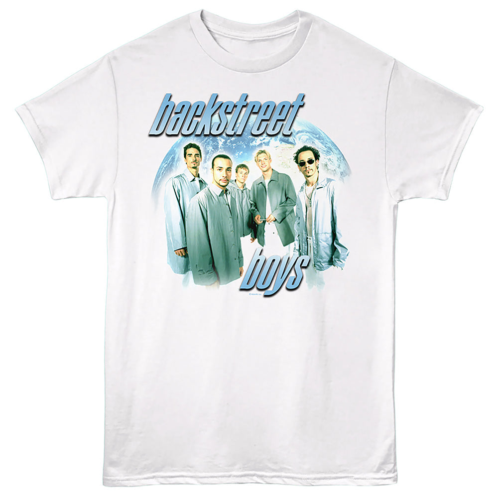 A white short-sleeve crewneck t-shirt featuring a graphic print of the band Backstreet Boys with their logo text in blue and white, set against a clean white background.