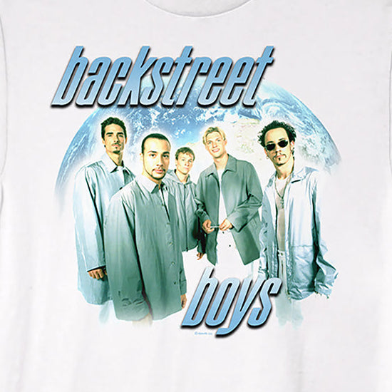 A white short-sleeve crewneck t-shirt featuring a graphic print of the band Backstreet Boys with their logo text in blue and white, set against a clean white background.