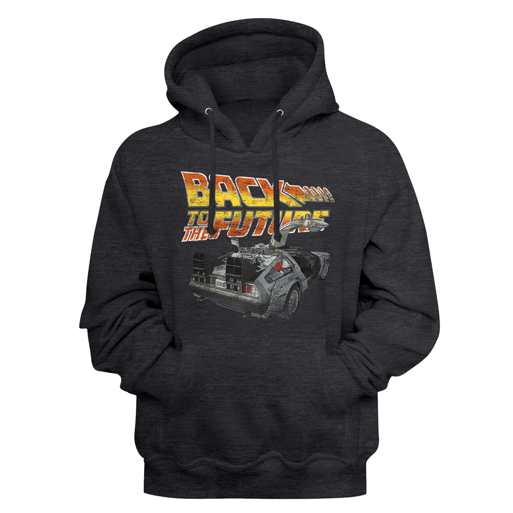 Black hoodie with 'Back to the Future' design on a charcoal background