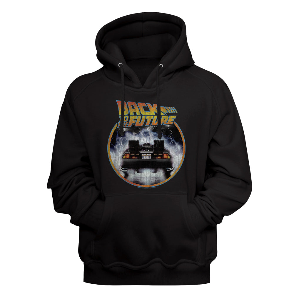 Black hoodie with 'Back to the Future' graphic on a black background