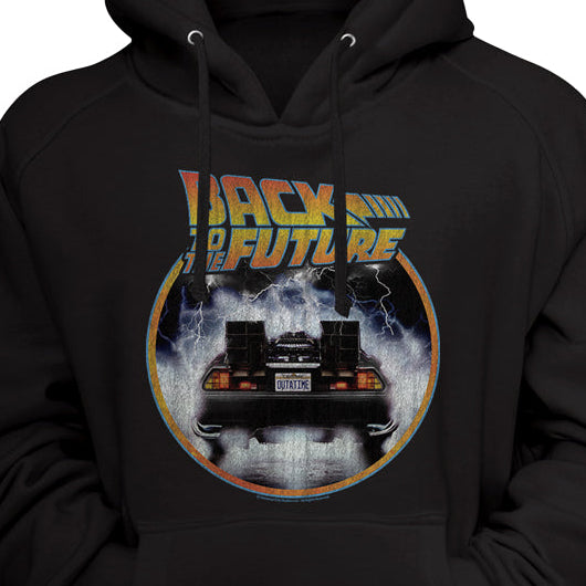 Black hoodie with 'Back to the Future' graphic on a black background