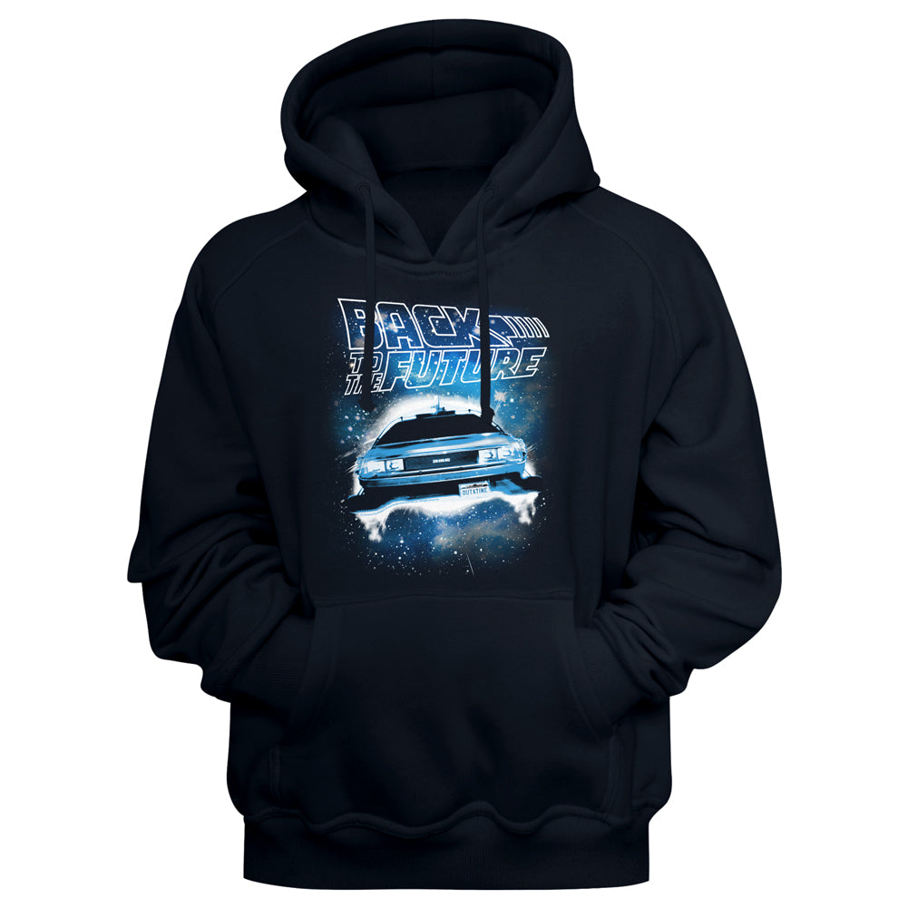Black hoodie with 'Back to the Future' car graphic on a black background