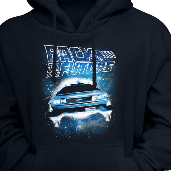 Black hoodie with 'Back to the Future' car graphic on a black background
