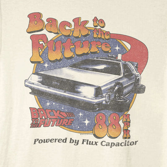 Beige t-shirt with 'Back to the Future' graphic design featuring a DeLorean and text.