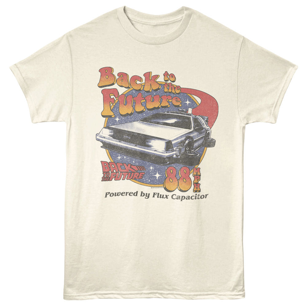 Beige t-shirt with 'Back to the Future' graphic design featuring a DeLorean and text.