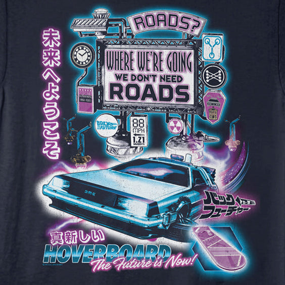 A navy blue short-sleeve t-shirt with a large, colorful graphic print on the front. The graphic features a neon-lit DeLorean time machine from Back to the Future, along with Japanese text and retro road-sign motifs in pink, purple, and white.