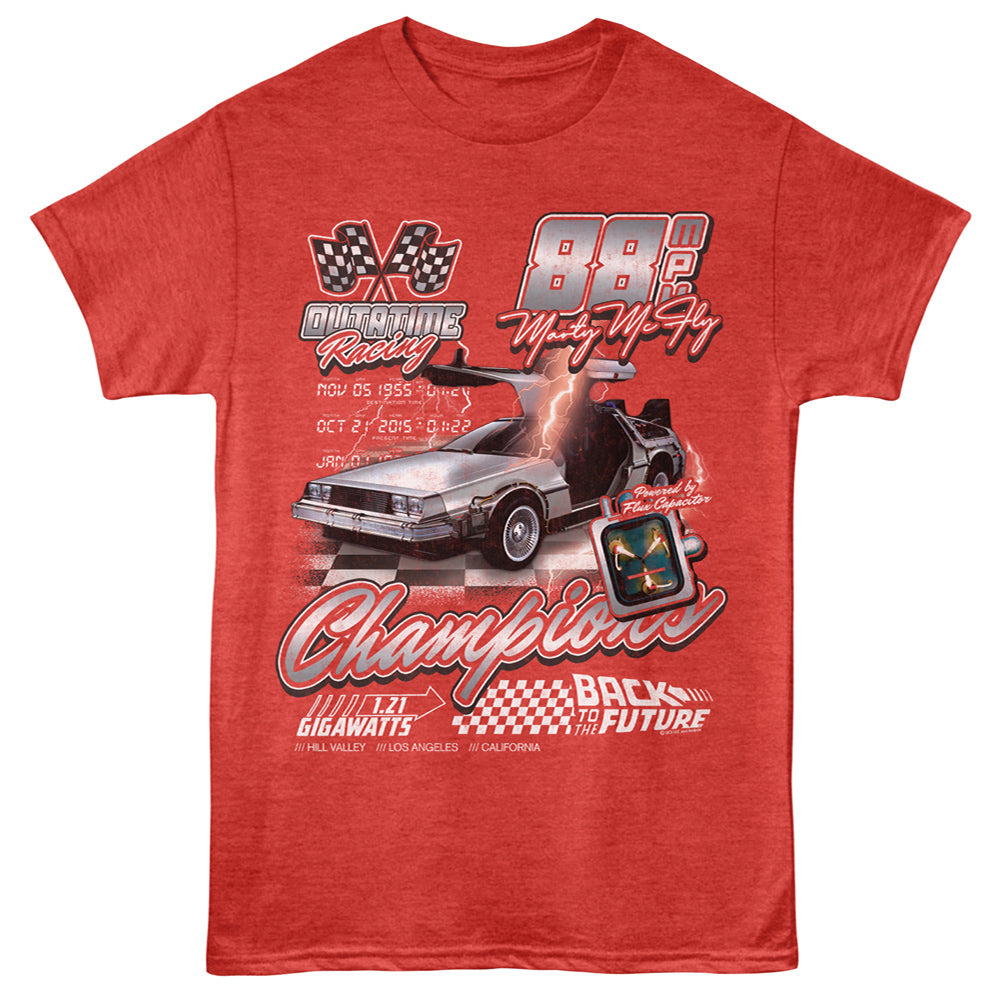 Red t-shirt with 'Back to the Future' themed graphic design on a red background