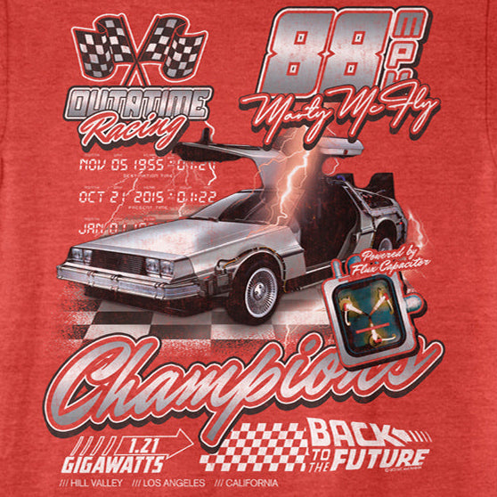 Red t-shirt with 'Back to the Future' themed graphic design on a red background