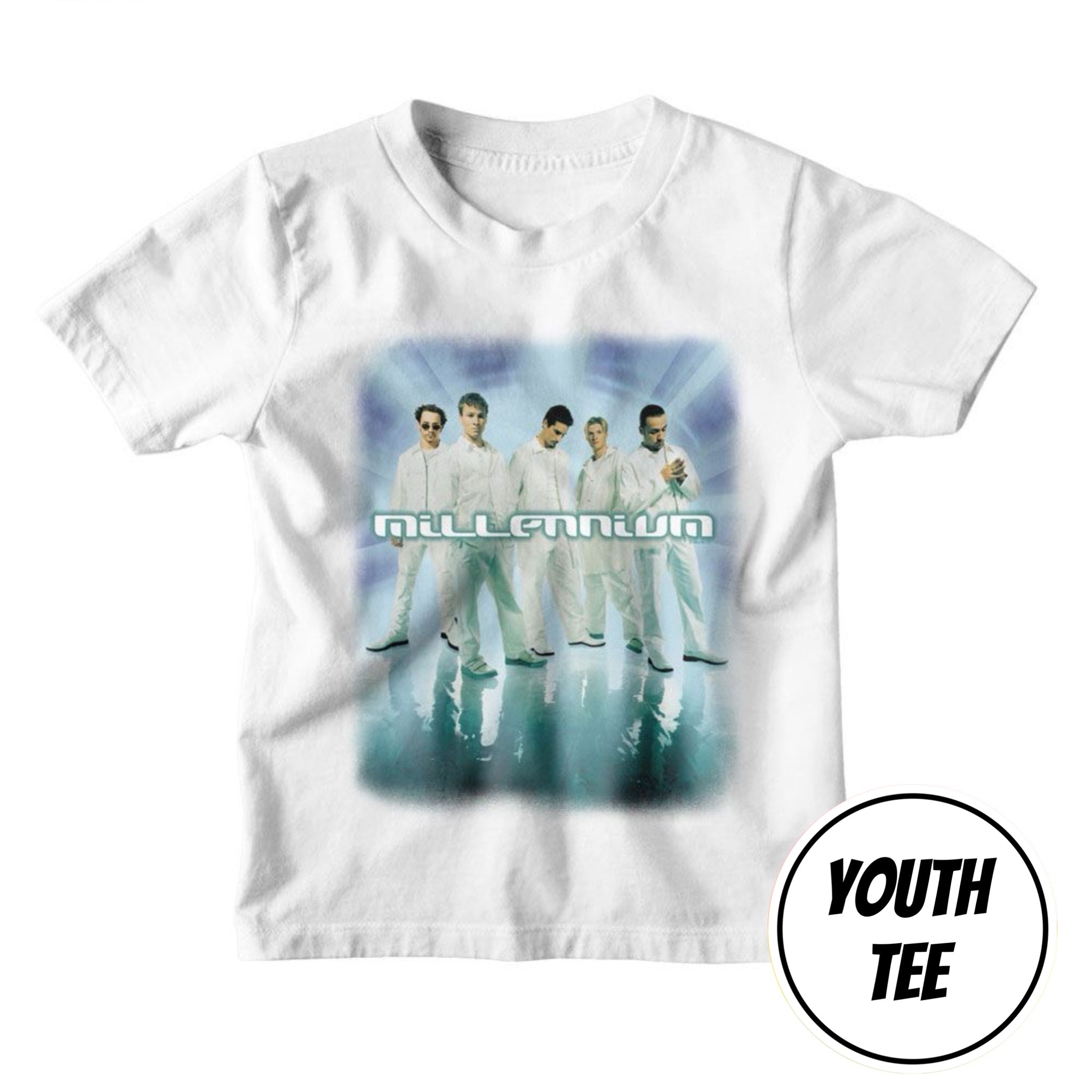 A white youth t-shirt featuring a graphic print of the band Millenium in white suits with a blue light background and their name printed across the front. A circular 'YOUTH TEE' label is visible in the bottom right corner.