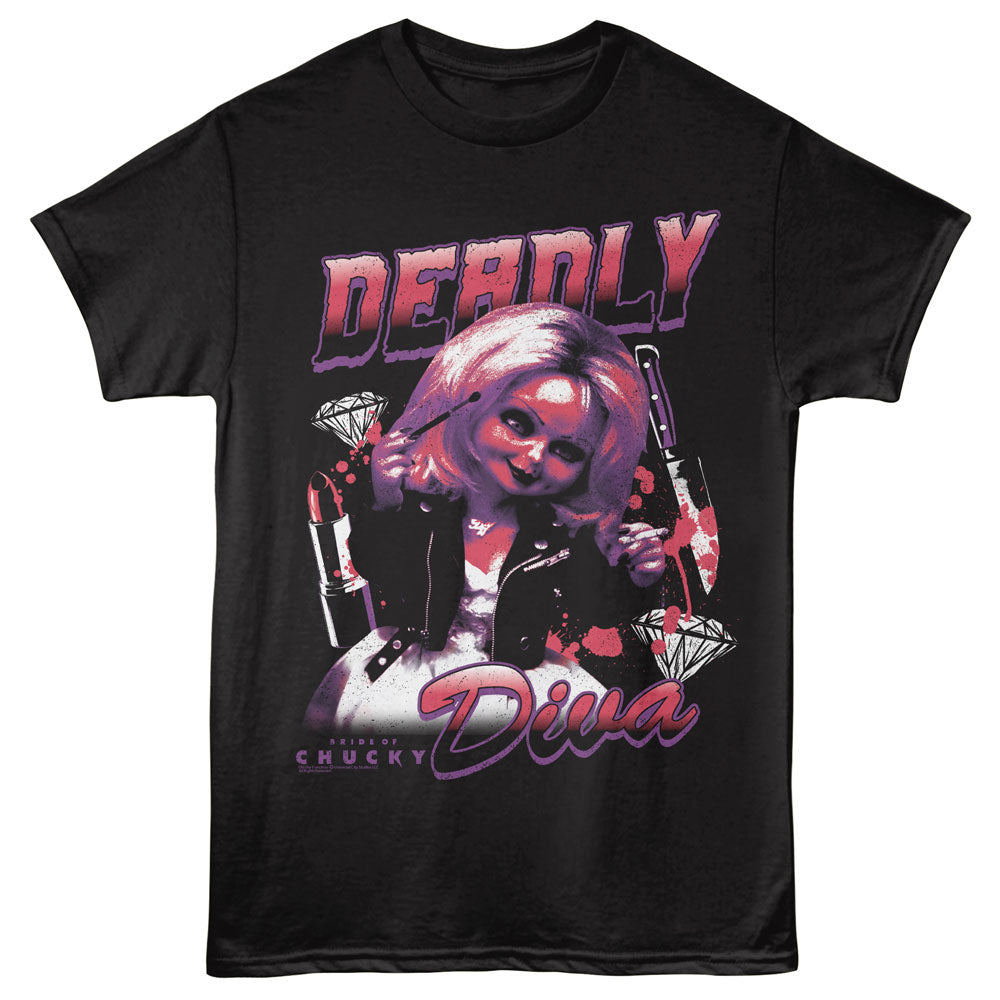 Black t-shirt with a graphic design of a character holding a gun and diamonds, with 'Deadly Diva' text.