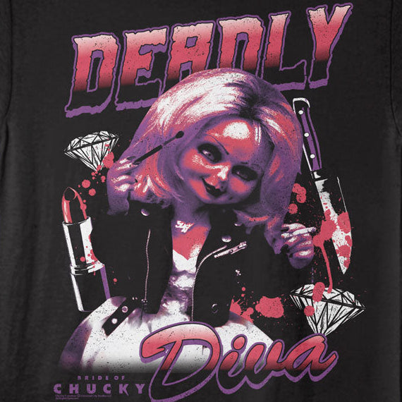 Black t-shirt with a graphic design of a character holding a gun and diamonds, with 'Deadly Diva' text.