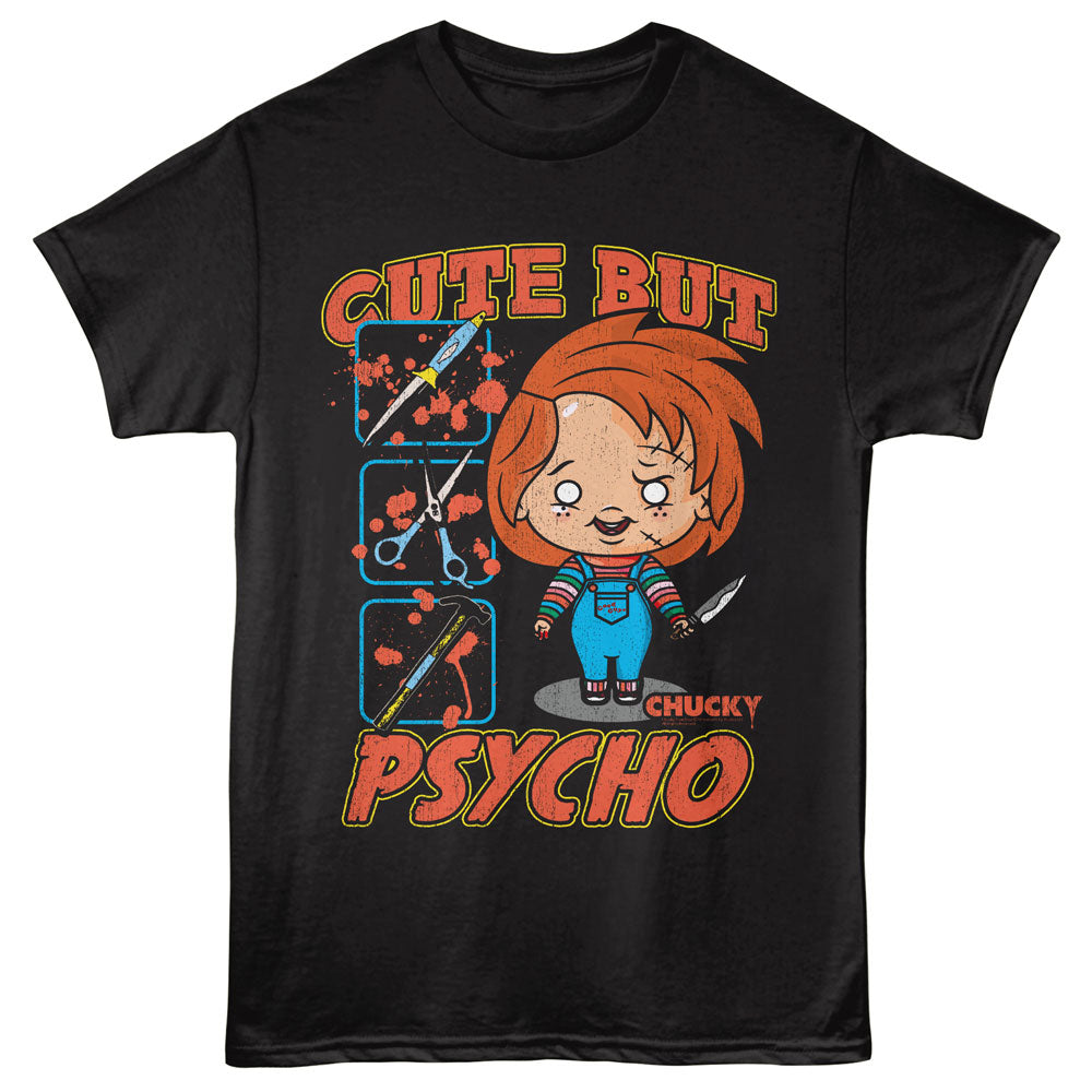 Black t-shirt with a graphic of a character holding a knife and text 'Cute But Psycho' on a white background.
