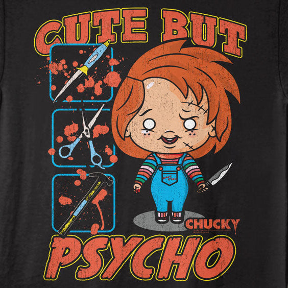 Black t-shirt with a graphic of a character holding a knife and text 'Cute But Psycho' on a white background.