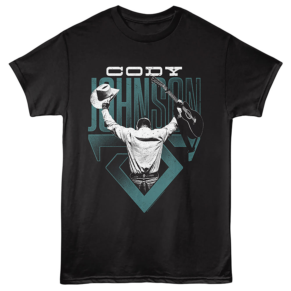 Black t-shirt with graphic design of a person holding a guitar and a hat, with 'Cody Johnson' text.