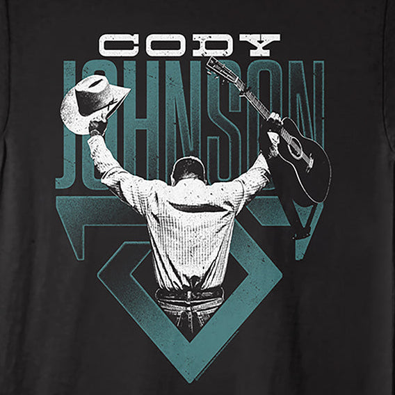 Black t-shirt with graphic design of a person holding a guitar and a hat, with 'Cody Johnson' text.