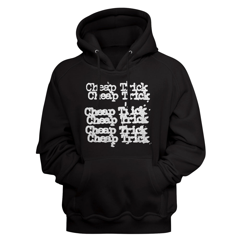 Black hoodie with 'Cheap Trick' text printed on a black background