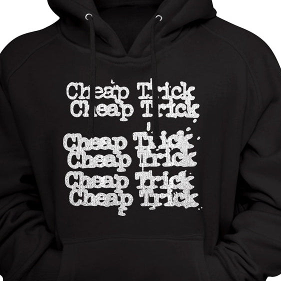 Black hoodie with 'Cheap Trick' text printed on a black background