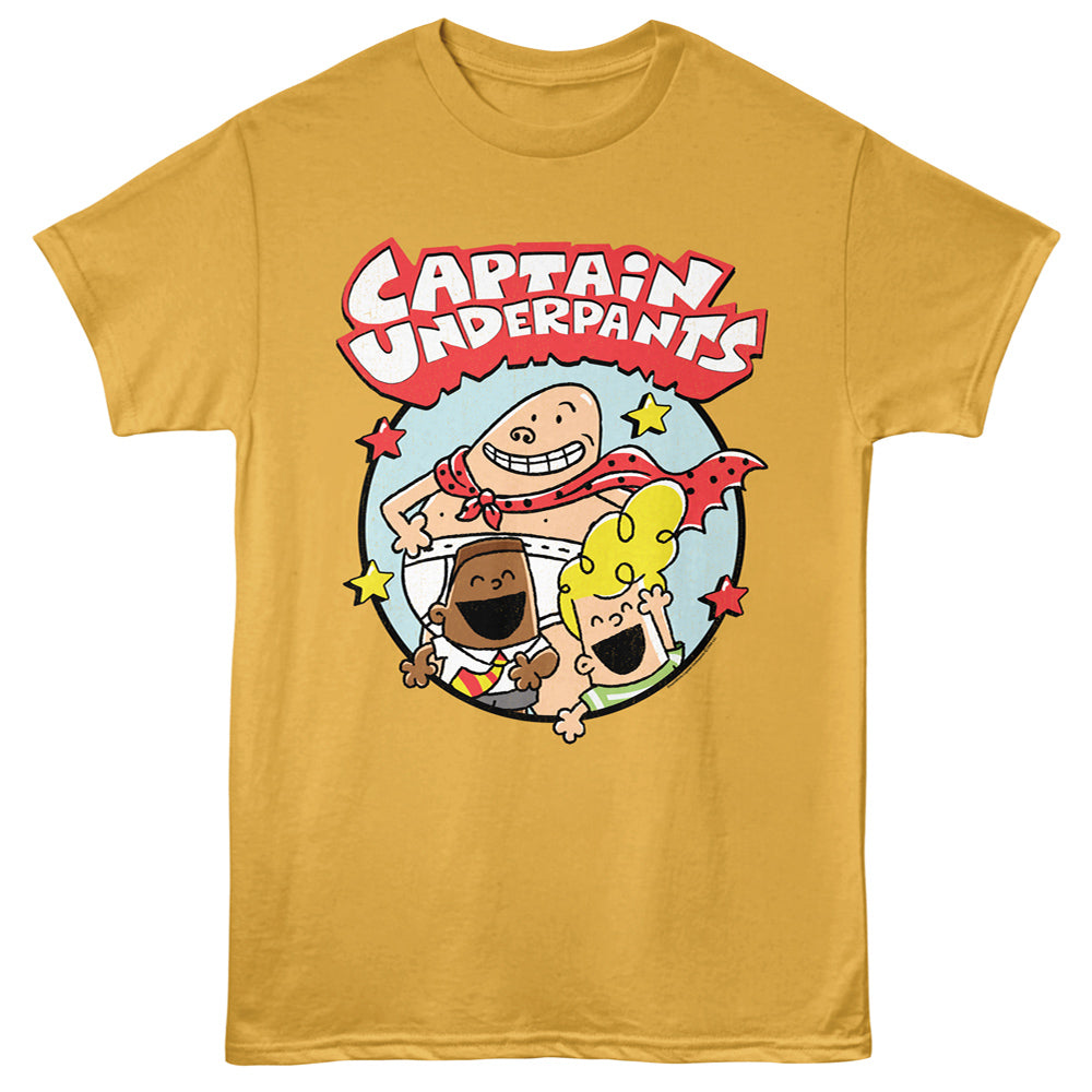 Yellow t-shirt with Captain Underpants graphic on a ginger background