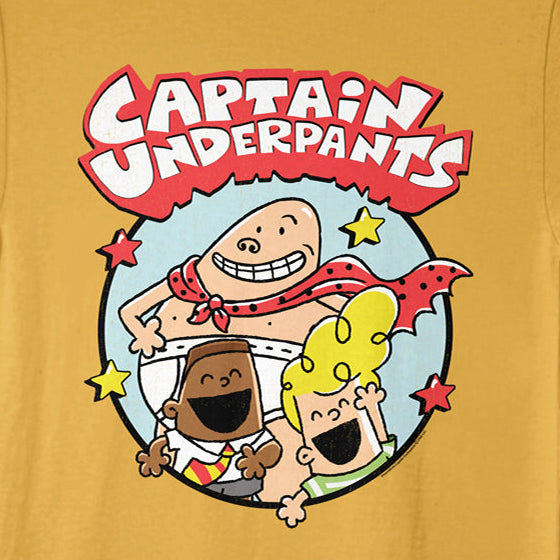 Yellow t-shirt with Captain Underpants graphic on a ginger background