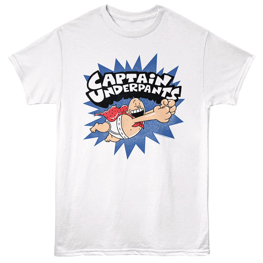 White t-shirt with Captain Underpants graphic on a white background