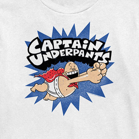 White t-shirt with Captain Underpants graphic on a white background