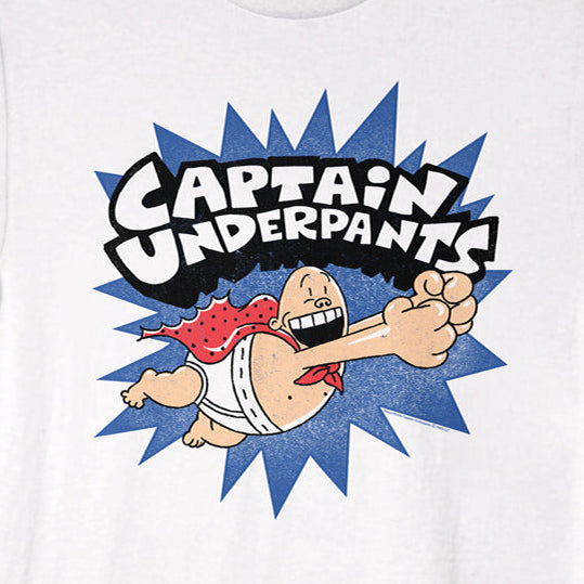 White t-shirt with Captain Underpants graphic on a white background