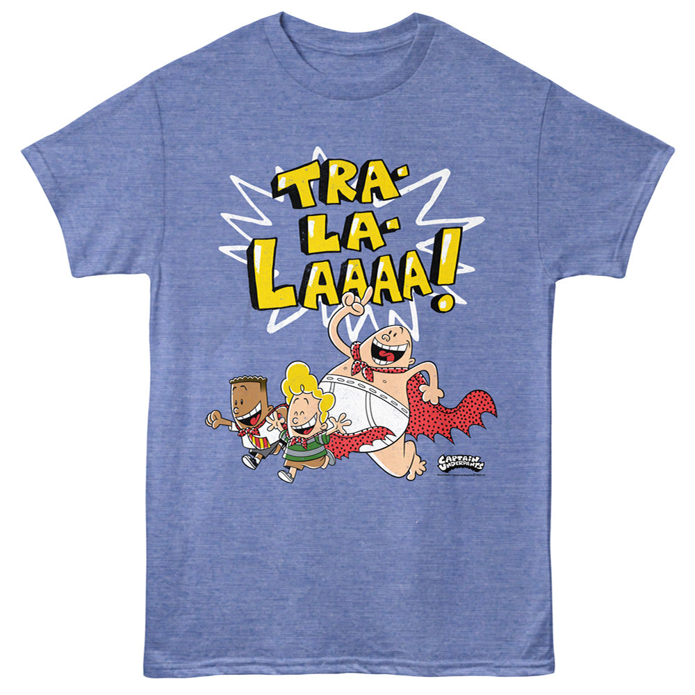Blue t-shirt with cartoon characters and 'TRA-LA-LAAAA!' text on a white background