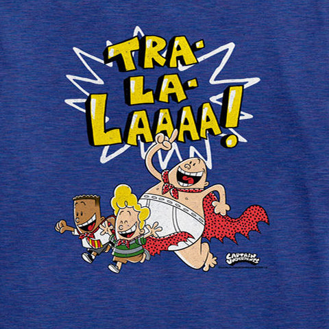 A heather blue short-sleeve t-shirt featuring a colorful graphic print of the cartoon characters Calvin and Hobbit running under the text 'TRA LA LA AAAA!' in yellow and white comic-style lettering.